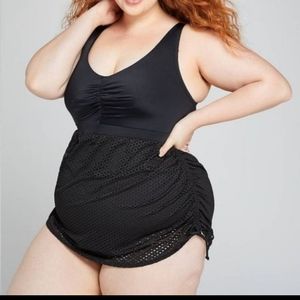 Lane Bryant Black One Piece Bathing Suit Swim Dress Crochet Mesh Overlay…